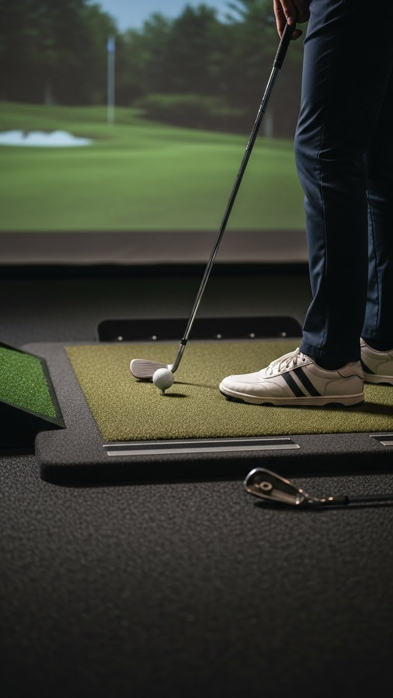 Close-Up Of Golfer'S Feet On Low-Profile Hitting Mat Integrated With Stance Mat For Maximum Ceiling Clearance In Basement