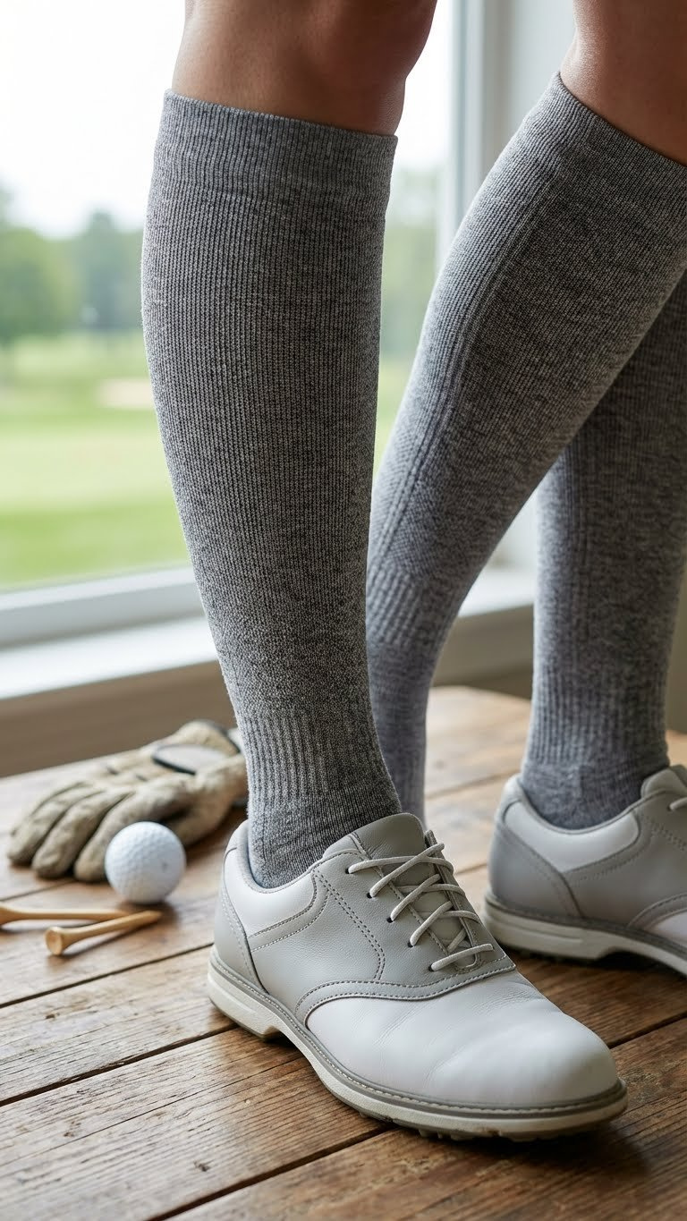 Maternity Golf Outfits: 7 Essential Styles For Expecting Moms Close-Up Of High-Quality Maternity Compression Socks Paired With Stylish Golf Shoes, Emphasizing Supportive Texture And Fit.
