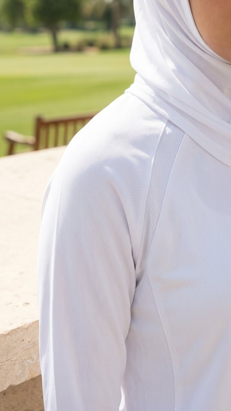 Close-Up Of Lightweight White Uv Protective Golf Top And Performance Hijab, Showing Mesh Details For Hot Weather Golf Apparel.