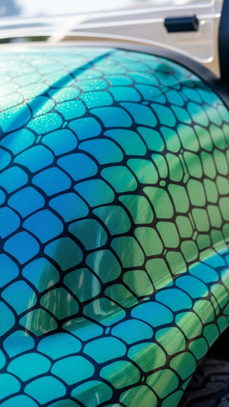 Mermaid Golf Cart Decorating: 13 Proven Diy Ideas Close-Up Of Mermaid Golf Cart Panel With Color-Shifting Chameleon Paint Transitioning From Teal To Purple