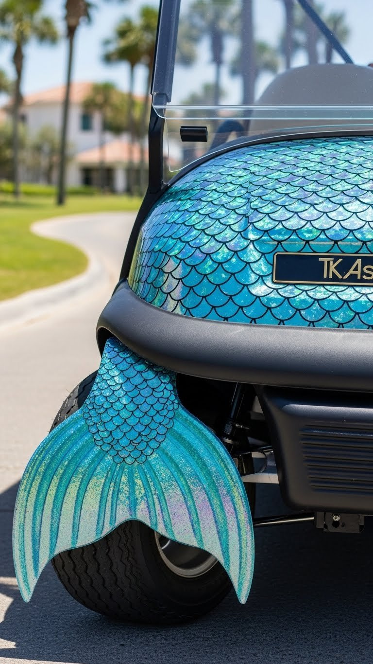 Mermaid Golf Cart Decorating: 13 Proven Diy Ideas Close-Up Of Mermaid Golf Cart Side Panel With Iridescent Scale Wraps Shimmering In Bright Sunlight Against Blurred Palm Tree Background