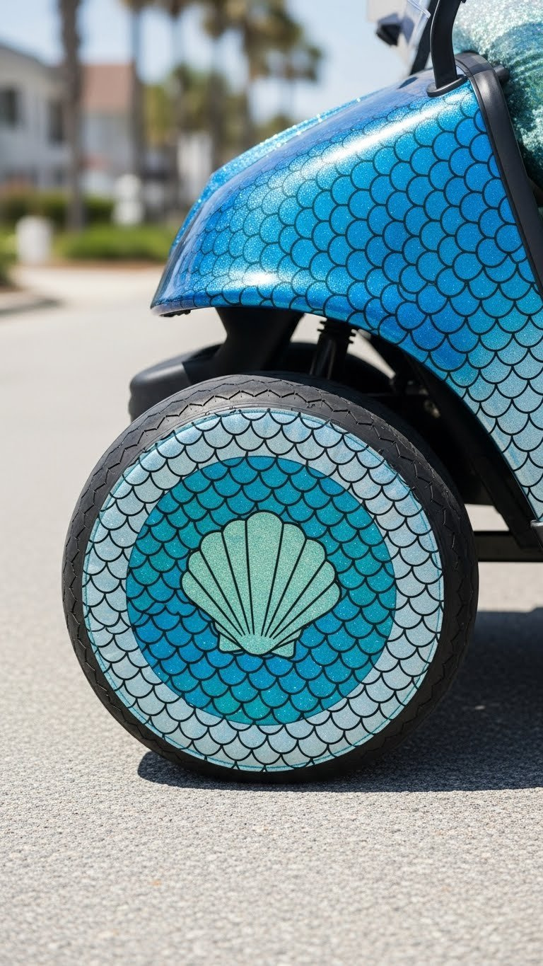 Mermaid Golf Cart Decorating: 13 Proven Diy Ideas Close-Up Of Mermaid-Themed Wheel Cover With Scale Pattern On Custom Decorated Golf Cart