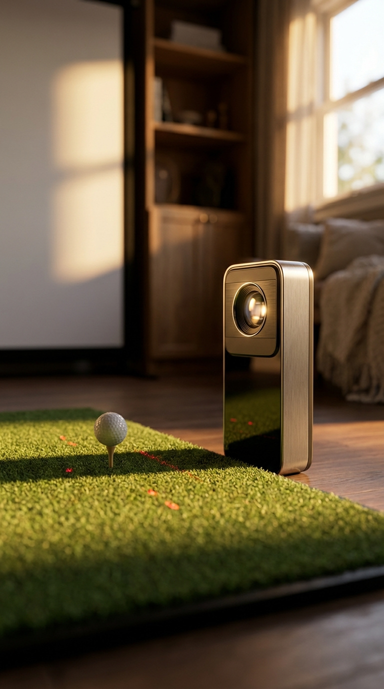 Golf Simulator Room Size Complete Guide For Home Setup Close-Up Of Modern Camera-Based Golf Launch Monitor Positioned Beside Hitting Mat With Laser Dots Visible On Turf.