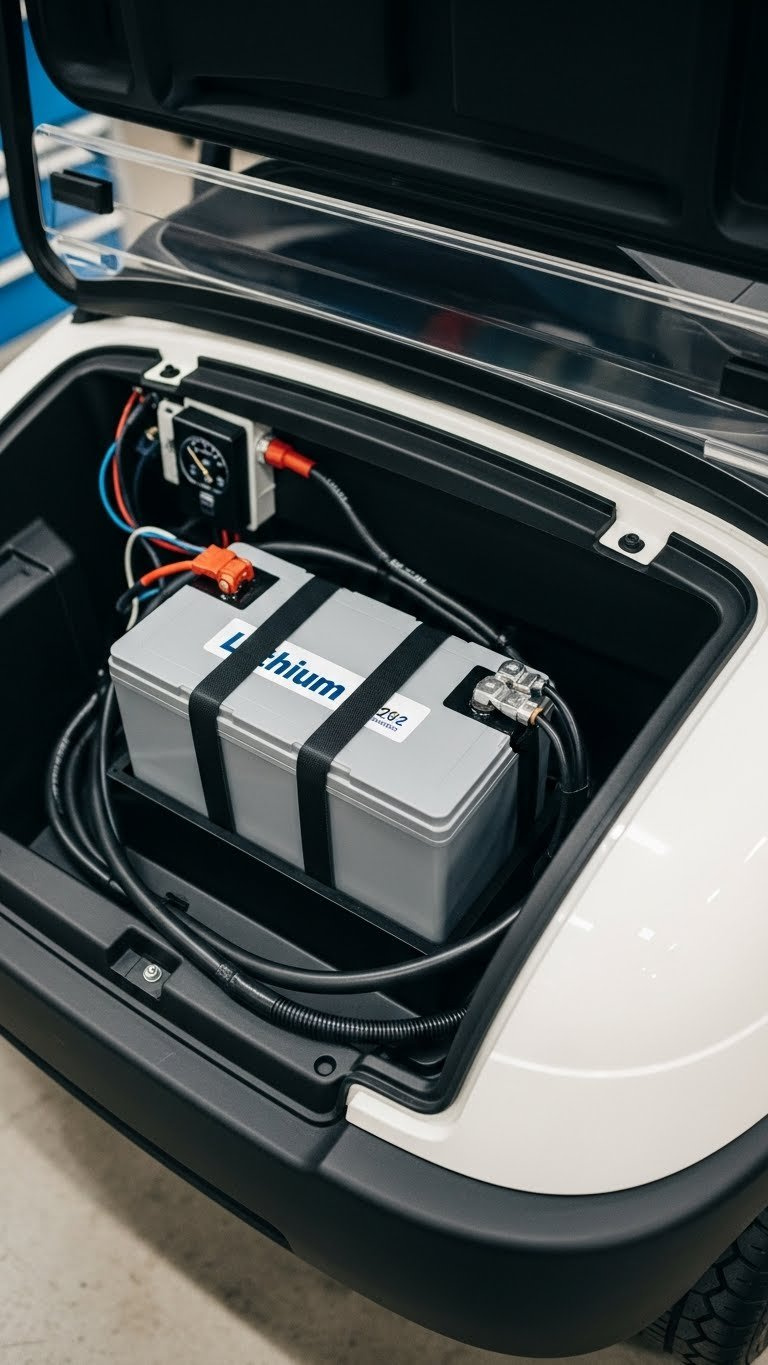 Close-Up Of Modern Lithium Ion Battery Pack Installed In Electric Golf Cart Compartment With Neat Wiring Connections And Blue-Silver Color Scheme.