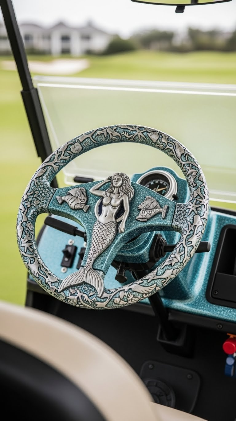 Mermaid Golf Cart Decorating: 13 Proven Diy Ideas Close-Up Of Nautical Steering Wheel With Mermaid Accents And Sea Creature Carvings On Golf Cart