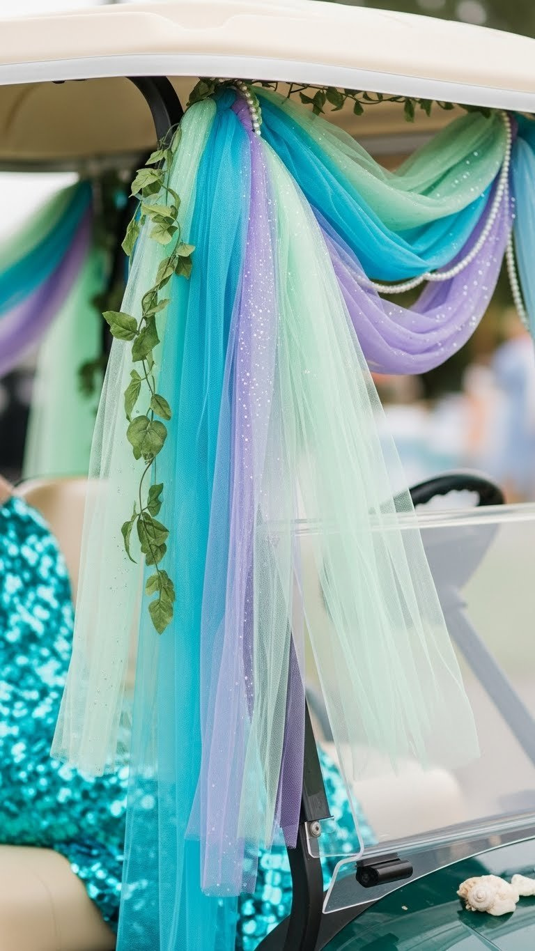 Mermaid Golf Cart Decorating: 13 Proven Diy Ideas Close-Up Of Ocean-Inspired Tulle And Fabric Drapes Cascading From Mermaid Golf Cart Roof