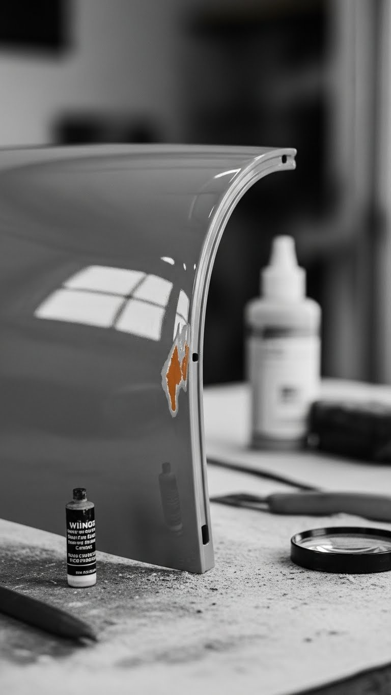 Close-Up Of Orange Peel Texture Paint Defect On Golf Cart Panel With Repair Tools Visible