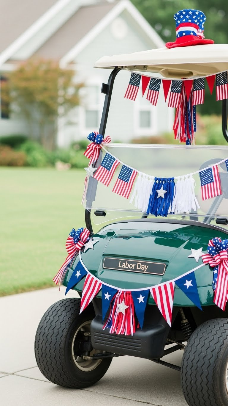 Close-Up Of Patriotic Golf Cart Front With Red, White, And Blue Bunting And American Flags For Labor Day Celebrations