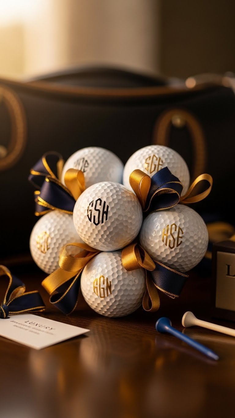 Close-Up Of Personalized Golf Balls With Gold Monograms, Navy And Gold Ribbon, On Dark Wood With A Blurred Golf Bag.