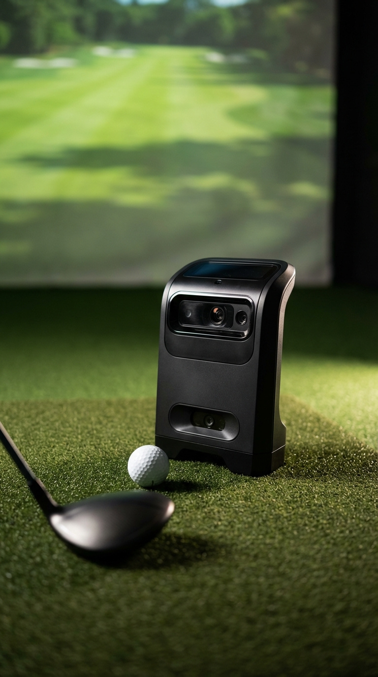 Speak Easy Golf Simulator Room Design Guide For Luxury Homes Close-Up Of Premium Golf Launch Monitor On Hitting Mat With Simulator Screen Showing Lush Fairway Background