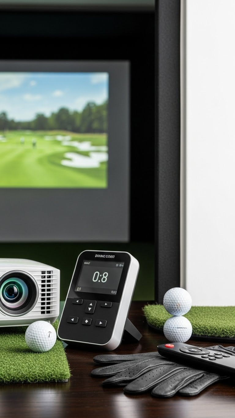 Close-Up Of Professional Golf Launch Monitor And Golf Ball Positioned Near Projector With Soft Bokeh Background Highlighting Premium Components