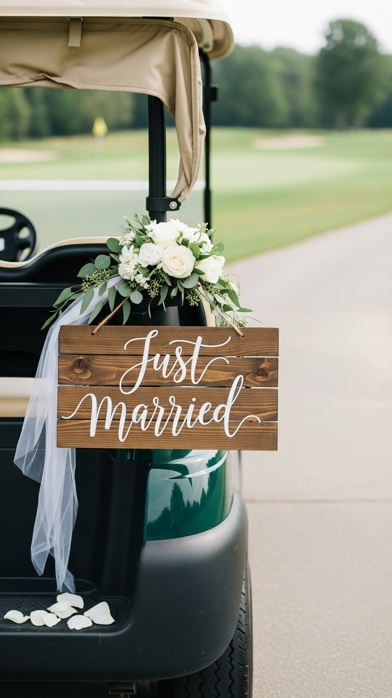 Close-Up Of Rustic Wooden Just Married Sign With Floral Arrangement On Golf Cart Against Blurred Golf Course Background