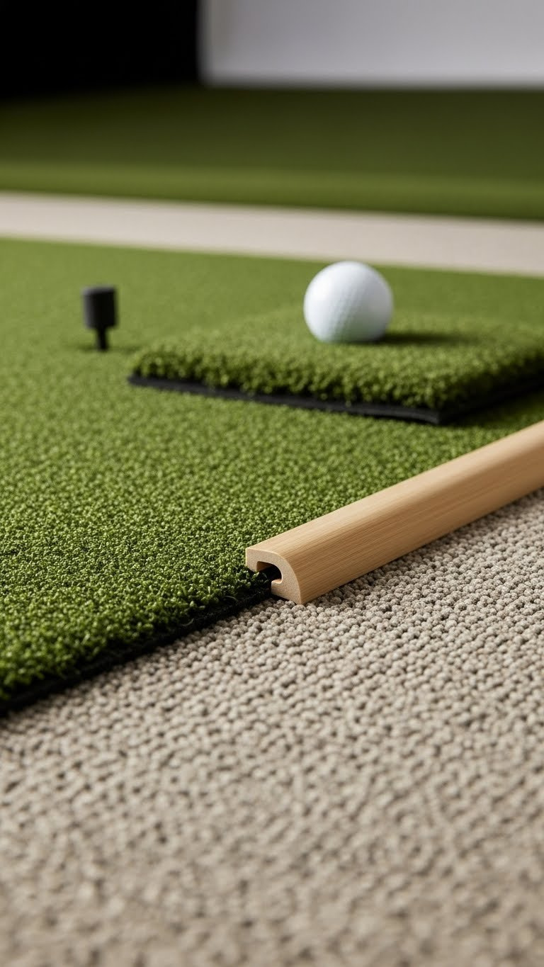 Close-Up Of Textured Rug Transitioning To Turf Flooring In A Golf Simulator Room With Detailed Flooring Transition Strip