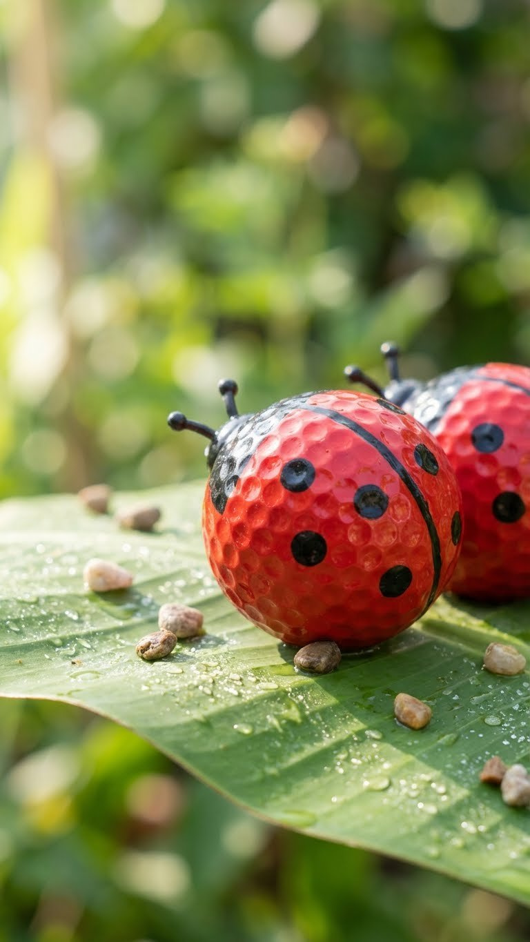 Close-Up Of Two Plastic Golf Ball Ladybugs With Red And Black Spots, Tiny Antennae, On A Vibrant Green Leaf In A Softly Blurred Garden Setting With Dew Drops.