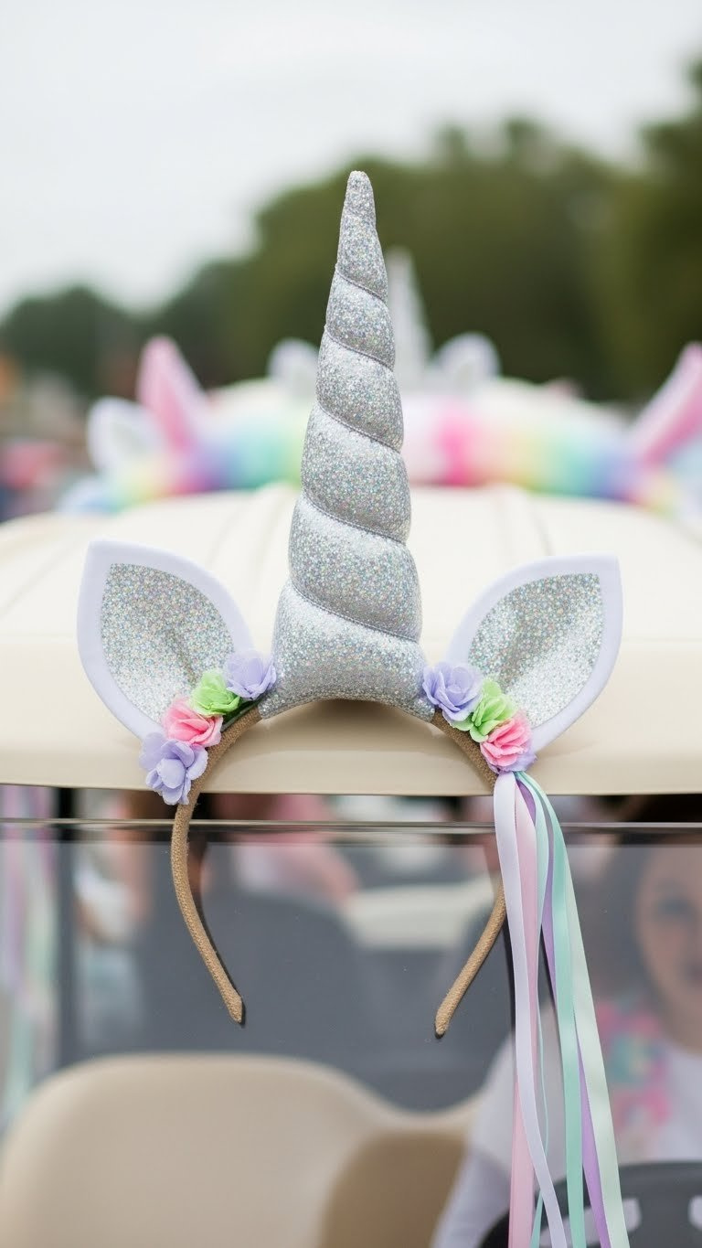 Close-Up Of Unicorn Golf Cart With Sparkling Silver Horn And Pastel Ears Against Blurred Outdoor Parade Background