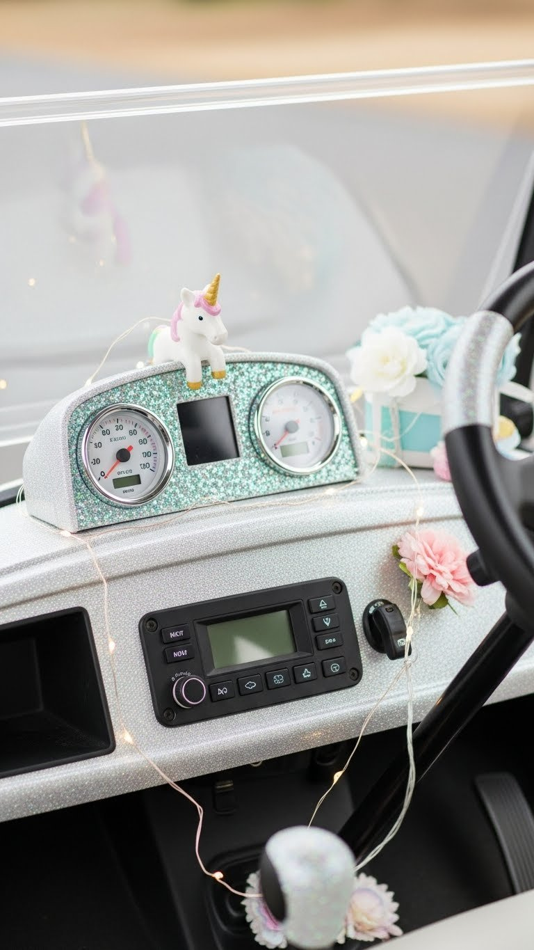 Close-Up Of Unicorn-Themed Dashboard With Glitter Panels, Pastel Gauges, And Fairy Lights