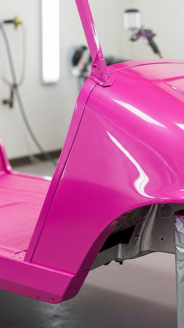 Close-Up Of Vibrant Pink Golf Cart Body With High-Gloss Finish Glistening Under Bright Light In Professional Workshop Setting