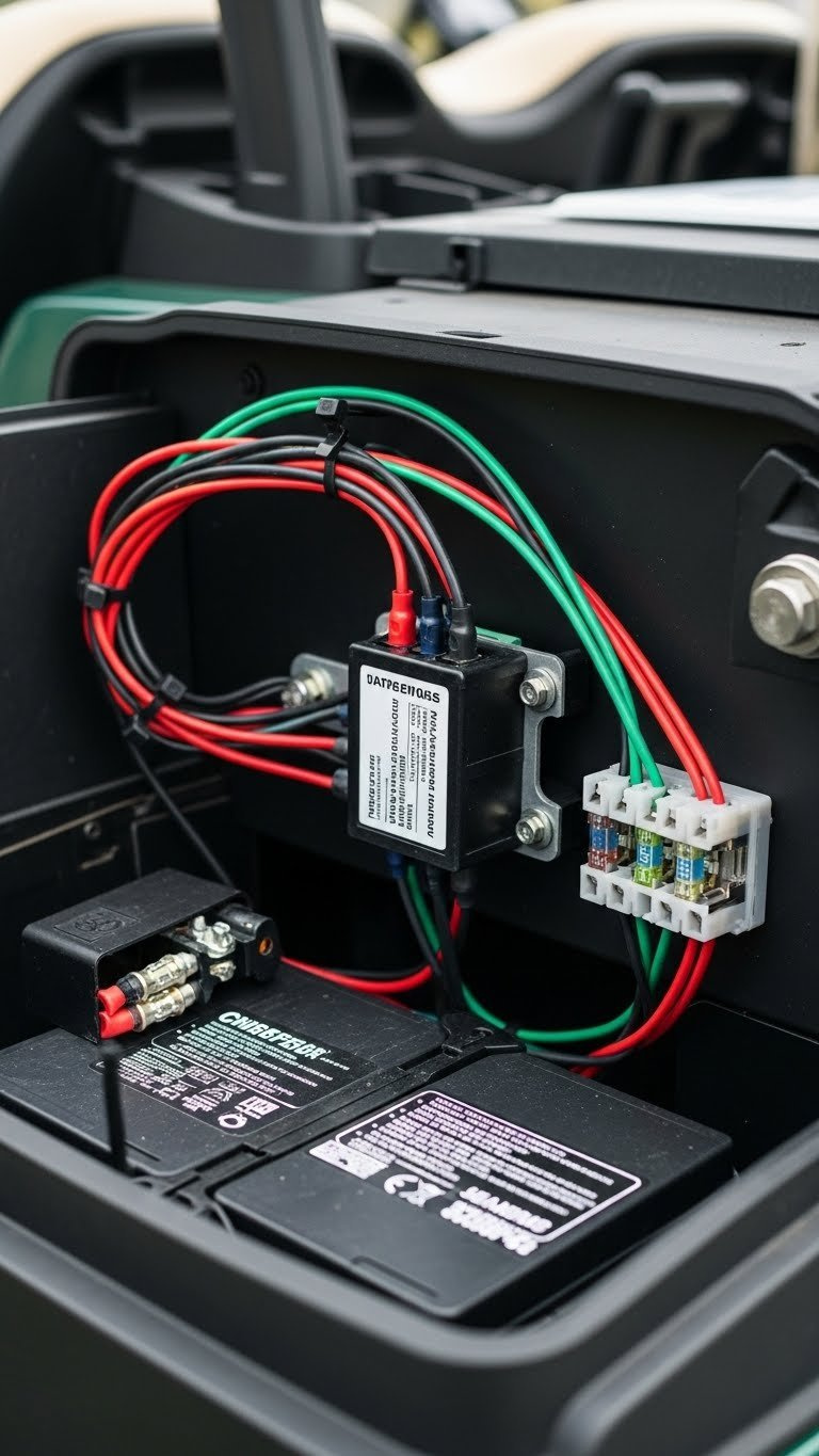 Close-Up Of Voltage Reducer With Neat Wiring Mounted In Golf Cart Electrical Compartment Showing Professional Installation.