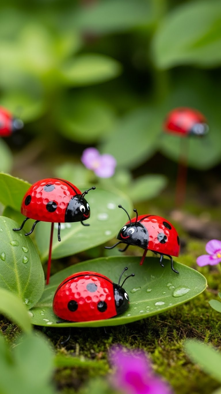 Golf Ball Upcycle: 11 Stunning Crafts &Amp; Garden Projects Close-Up Of Whimsical Ladybug Garden Art Made From Painted Golf Balls Nestled Among Lush Green Foliage With Soft Bokeh Background.