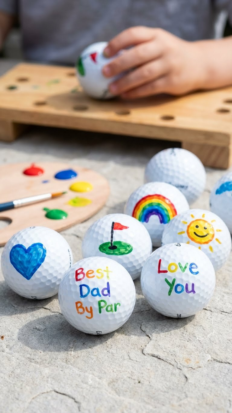 Golf Ball Crafts For Father'S Day: Ultimate Kid-Made Gifts Close-Up Of White Golf Balls With Vibrant, Hand-Painted 'Best Dad By Par' Messages And Child-Like Motifs On A Grey Stone Surface.