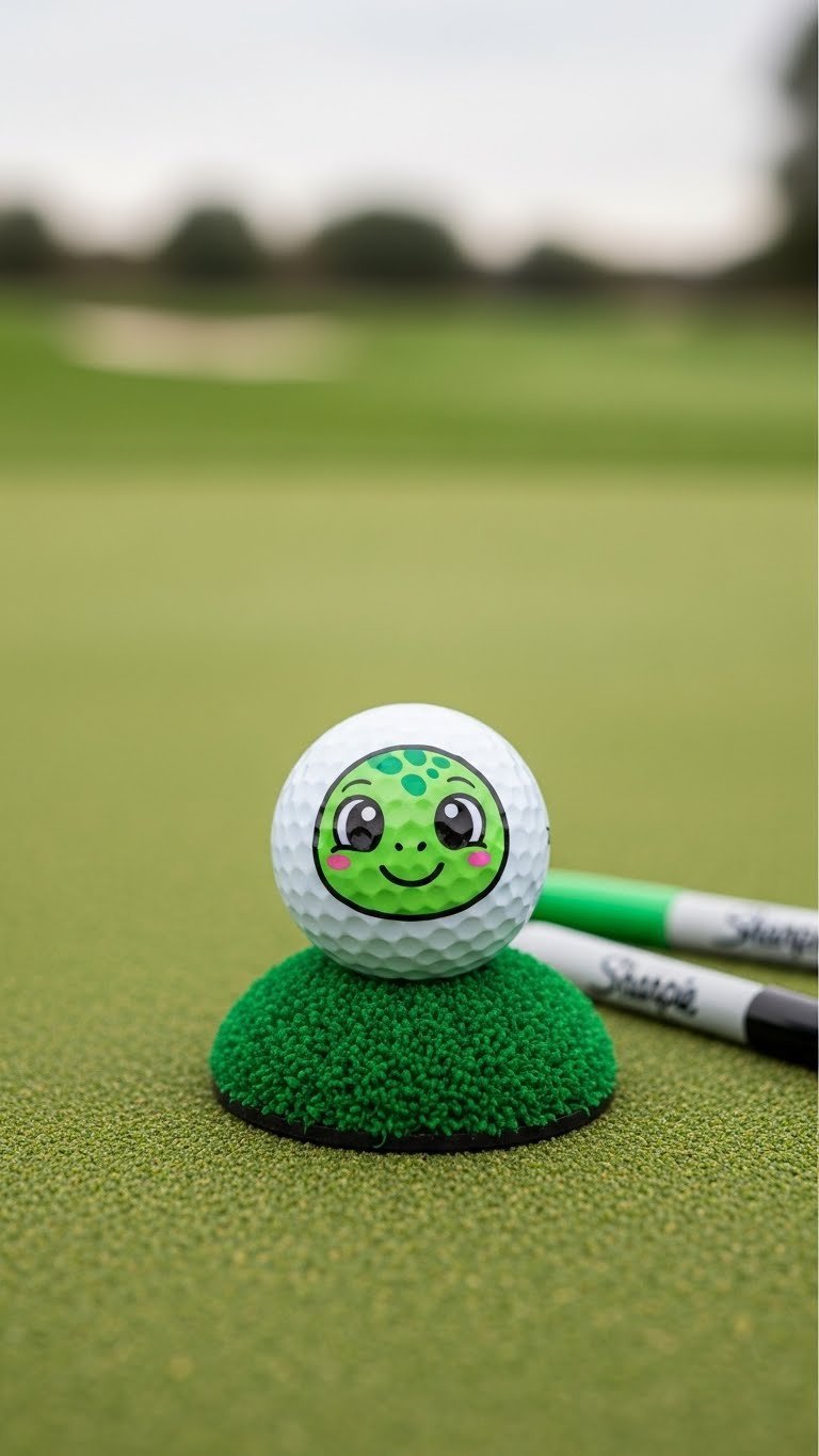 7 Genius Sharpie Turtle Golf Ball Designs: Diy Guide Close-Up Photo Of Golf Ball With Cute Cartoon Turtle Face Drawn With Black And Green Sharpie Markers