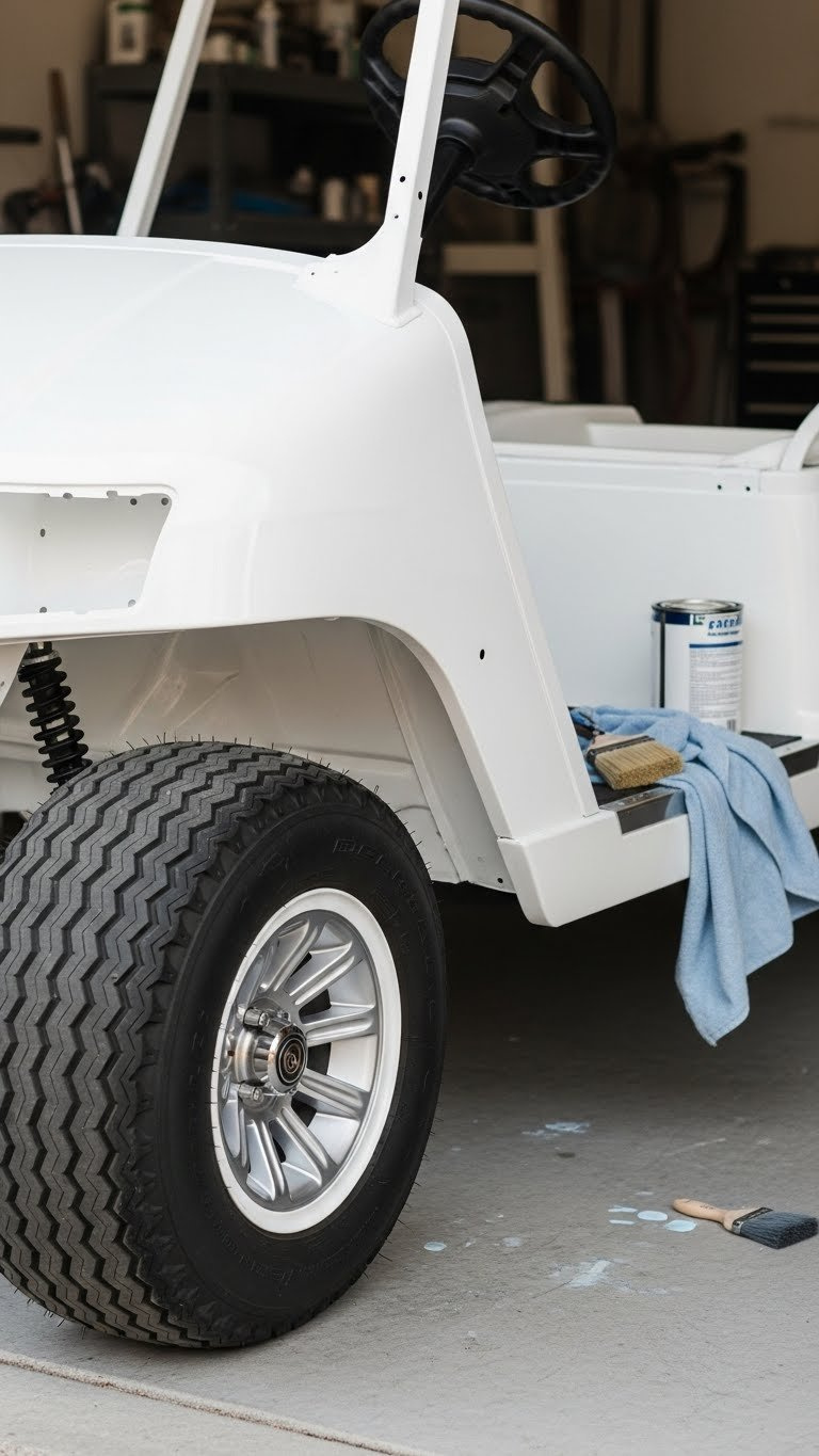 Close-Up Professional Photo Of A Glossy White Golf Cart Base With Subtle Retro Ambulance Styling In A Garage Workshop Setting