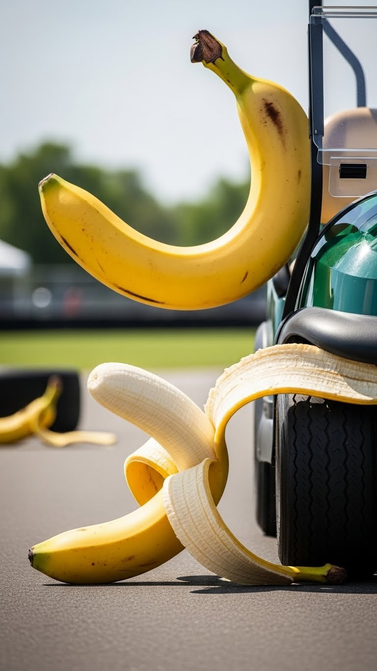 Close-Up Shot Of Golf Cart With Oversized Yellow Banana Peel Hazards Strategically Placed On Dark Asphalt Race Track Surface