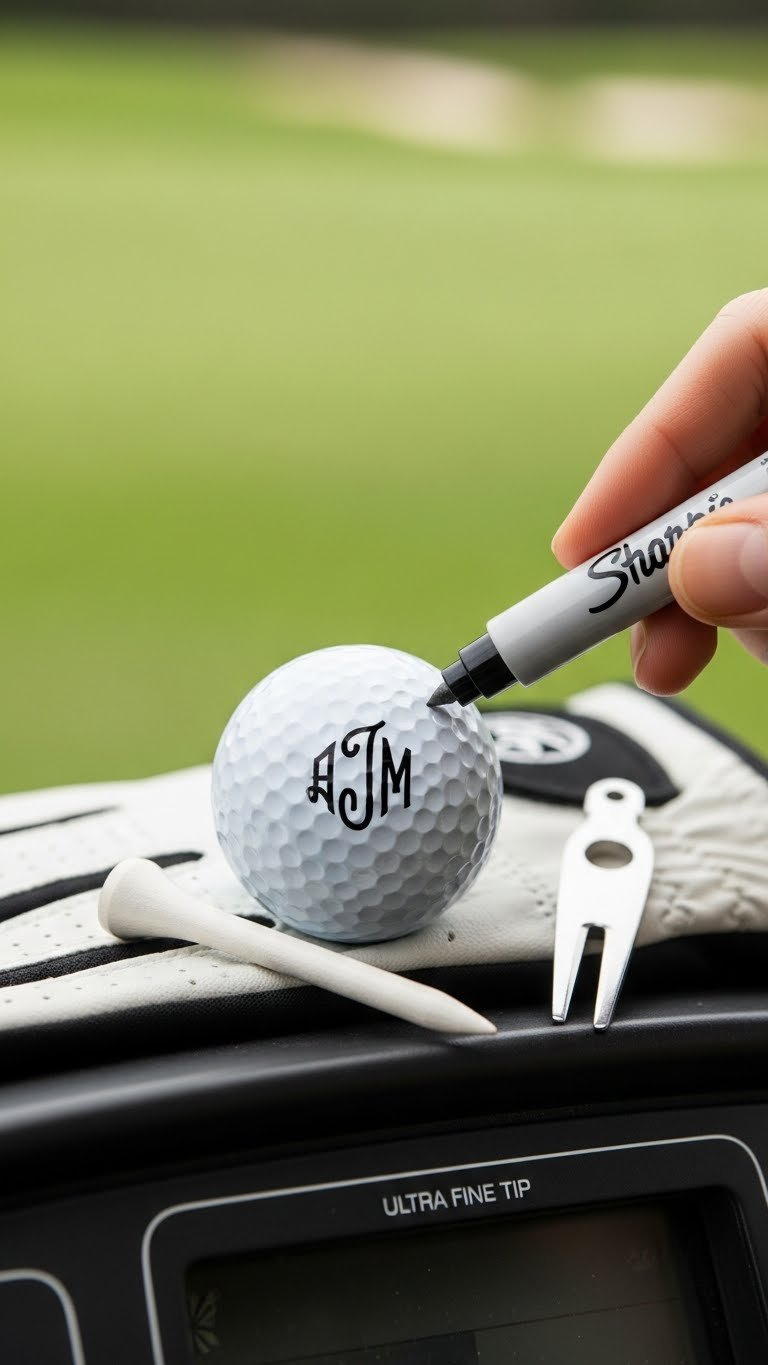 Close-Up Shot Of Monogrammed Golf Ball With Elegant Black Sharpie Initials On White Surface Against Blurred Golf Course Background.
