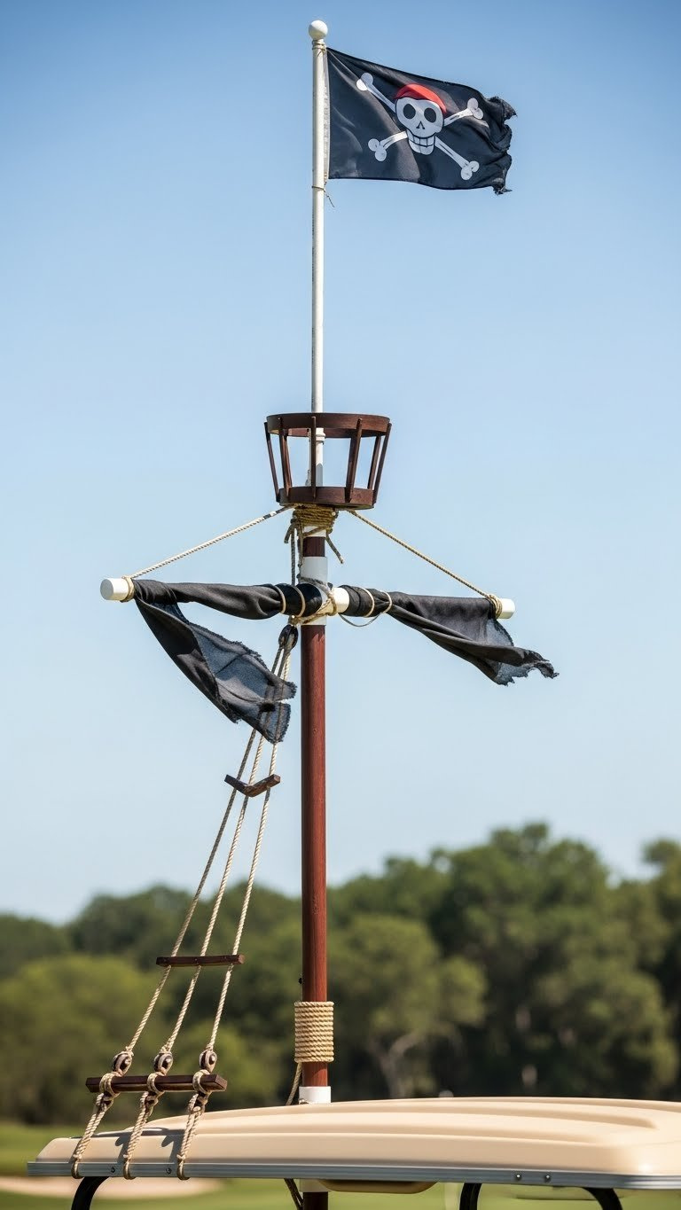 Close-Up Shot Of Pirate Golf Cart Mast With Weathered Jolly Roger Flag Flying Atop Pvc Pipe Structure On Golf Cart Roof