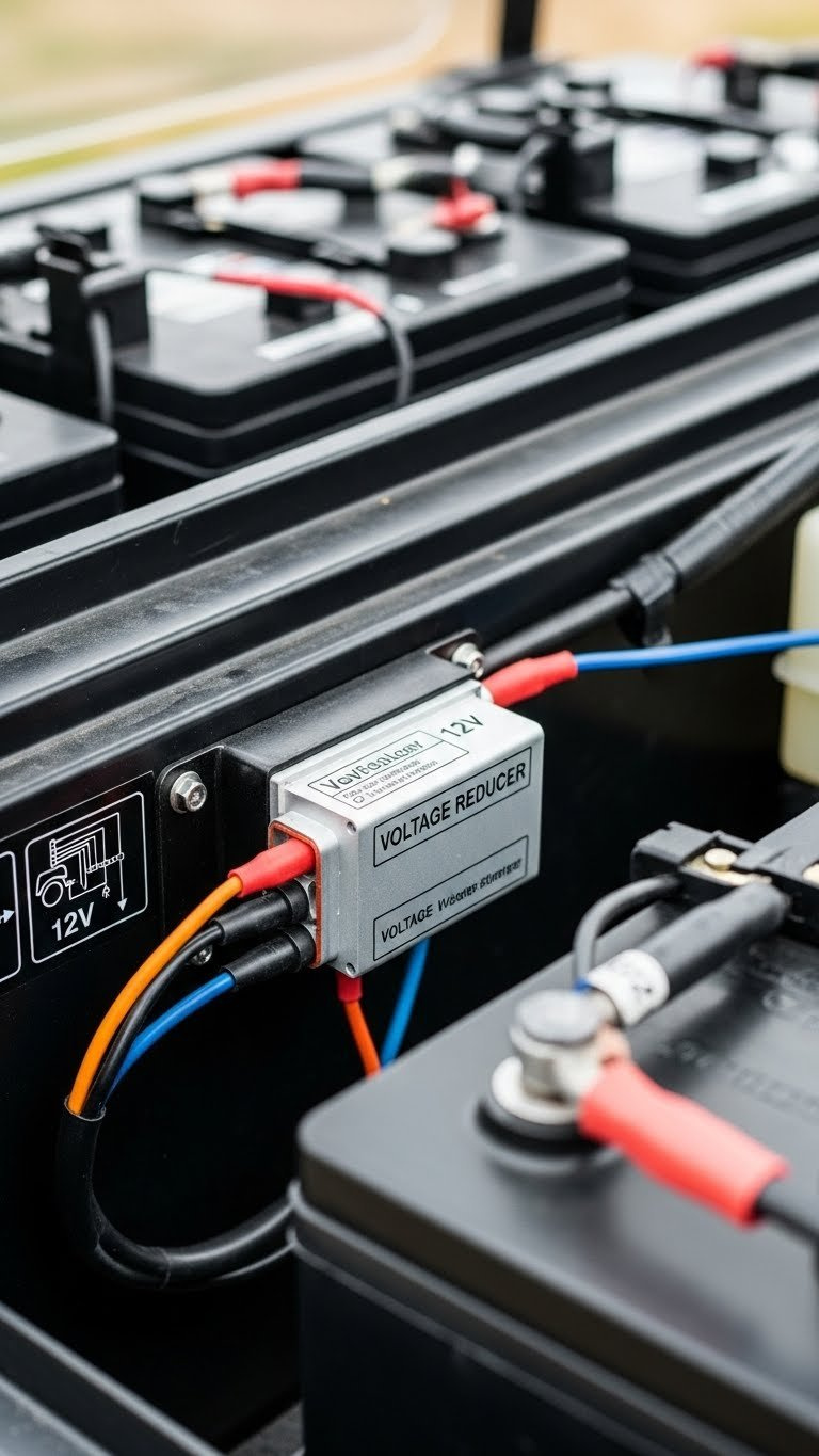 Close-Up View Of Voltage Reducer Installation With Clean Wiring Inside Golf Cart Battery Compartment