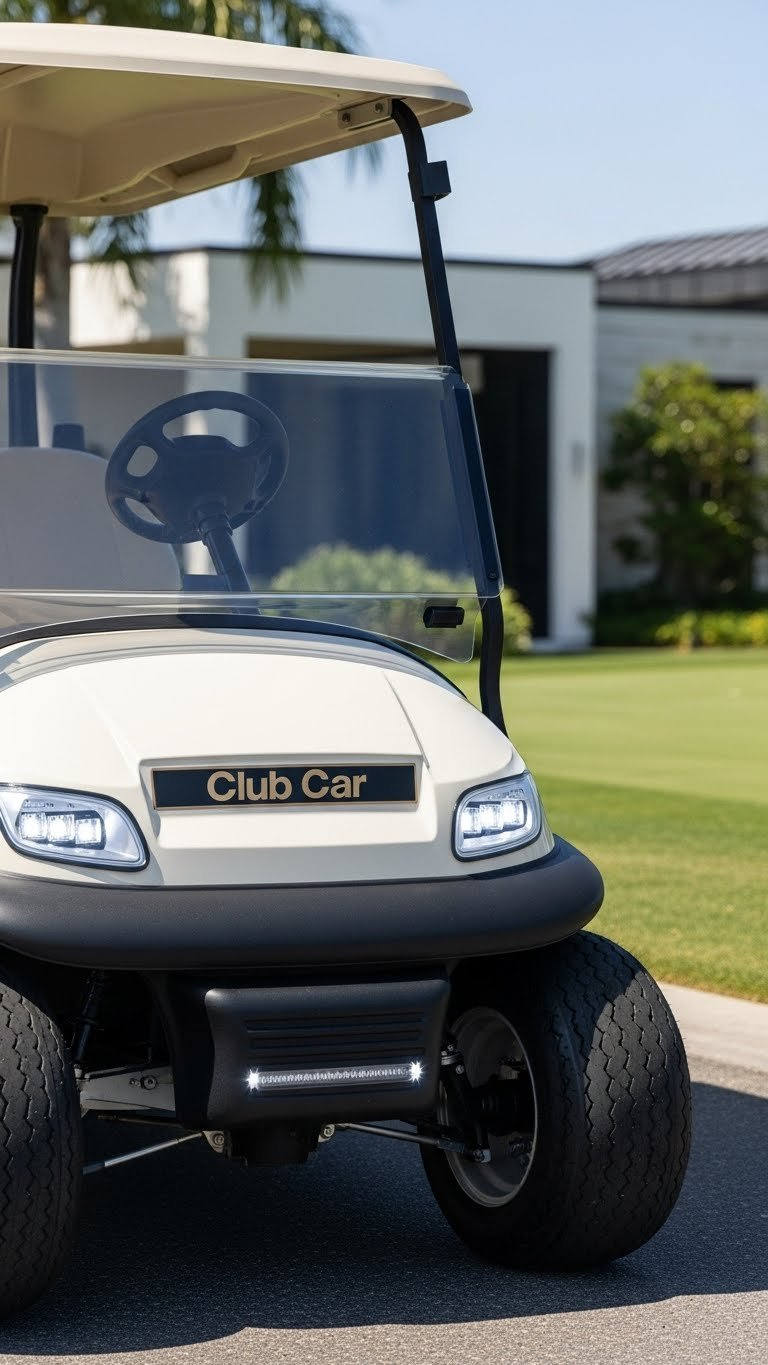 Club Car Precedent Golf Cart Showcasing Sleek Led Lighting Integrated Into Modern Design On Luxury Golf Course Path