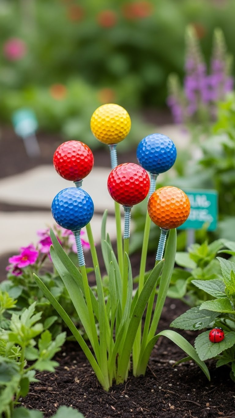 Cluster Of Colorful Golf Ball Flowers With Screws Standing Among Green Foliage In Lush Garden Bed Arrangement