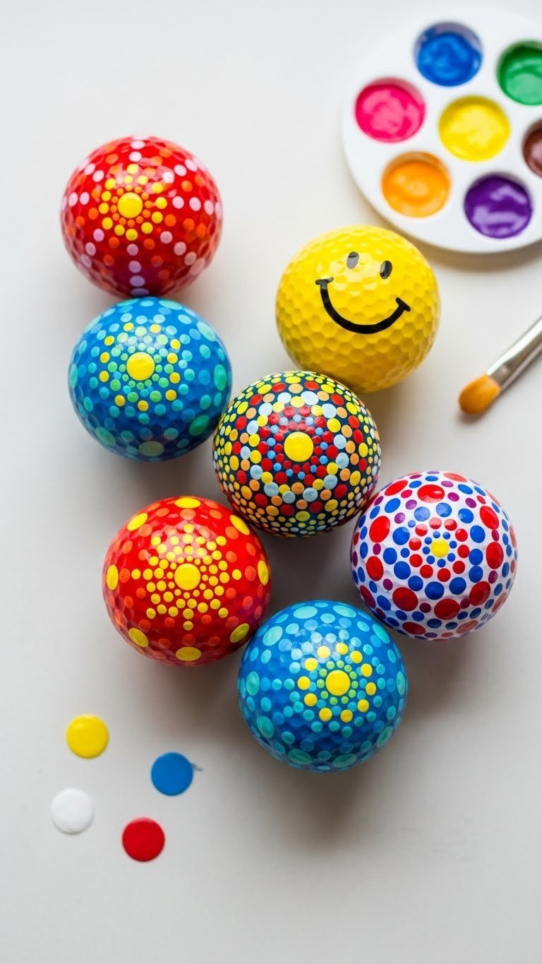 Cluster Of Golf Balls With Vibrant Acrylic Paint Dot Patterns Highlighting Textured Dimples In Bright Colors On White Background