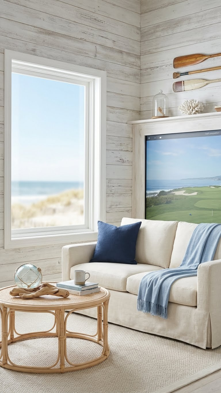 Coastal Classic Golf Simulator Featuring Weathered Wood, A Linen Sofa, And A Serene Golf Course On Screen.