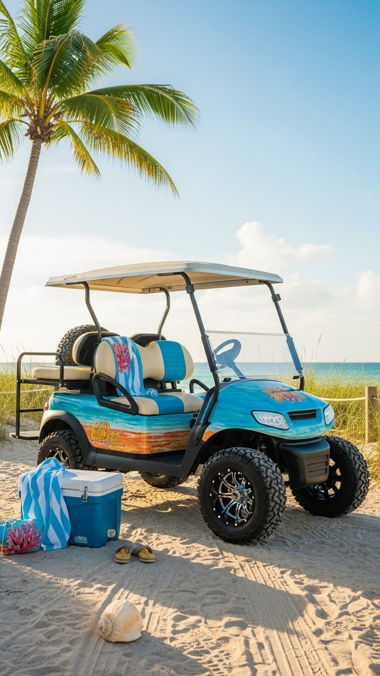 Coastal Beach Buggy Golf Cart With All-Terrain Tires Positioned On Sandy Path With Ocean Backdrop