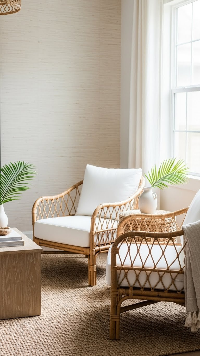 Coastal Golf Simulator Seating Nook With Rattan Armchairs, White Cushions, And Jute Rug Arranged Around Light Wood Coffee Table