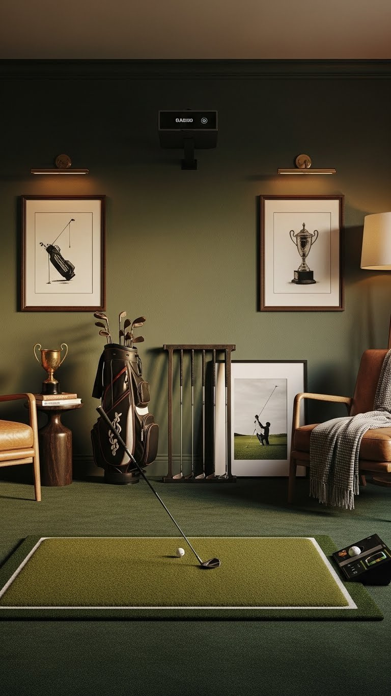 Cohesive Golf Simulator Interior With Durable Flooring, Themed Decor, And Stylish Seating Arrangement