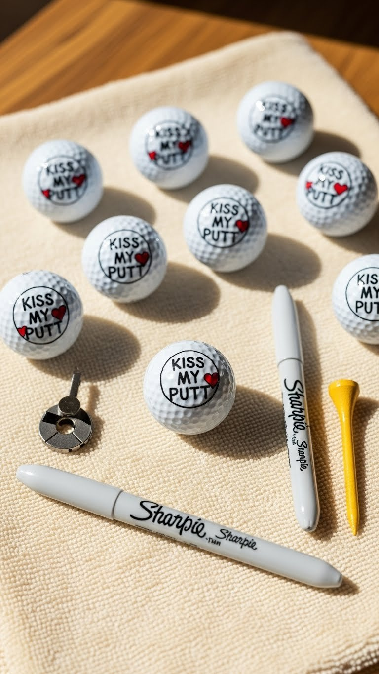 Collection Of Sharpie-Decorated Golf Ball Markers With 'Kiss My Putt' Designs Laid Out On Golf Towel With Fine-Point Marker