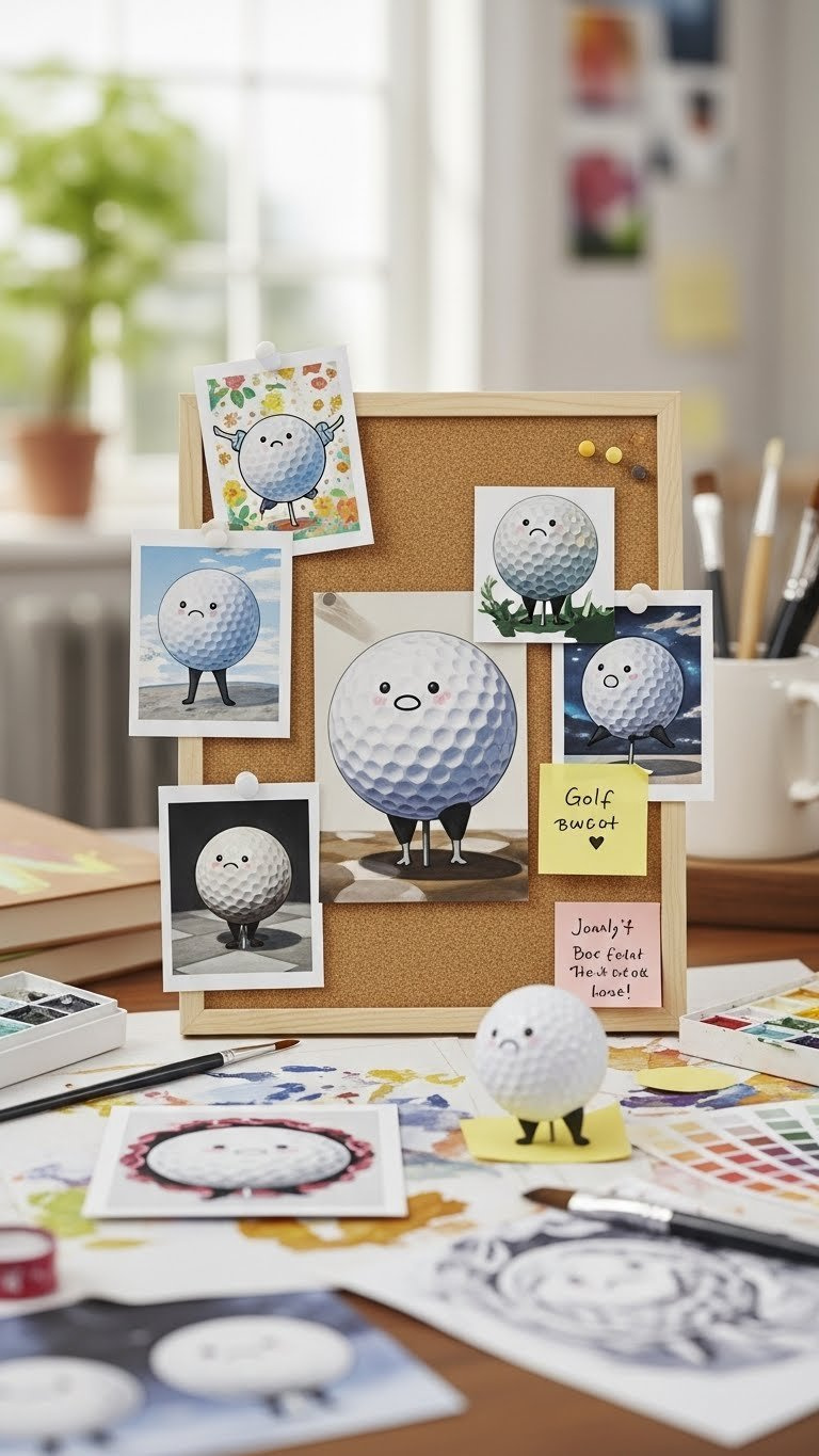 Collection Of Diverse Golf Ball Bfdi Fan Artworks Arranged Creatively On Cork Board Showing Various Artistic Interpretations