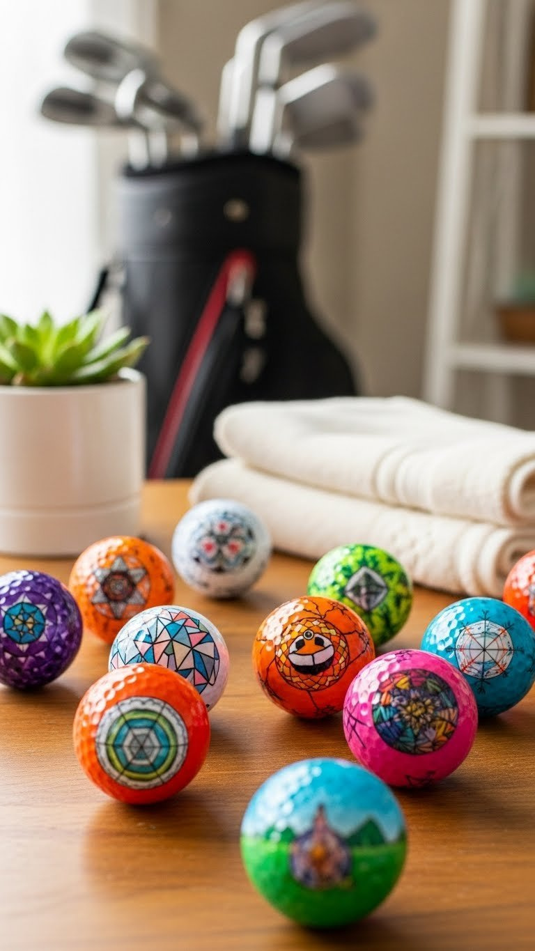 Collection Of Golf Balls Featuring Colorful Sharpie Art Designs With Geometric Patterns And Animal Prints Displayed On Rustic Table