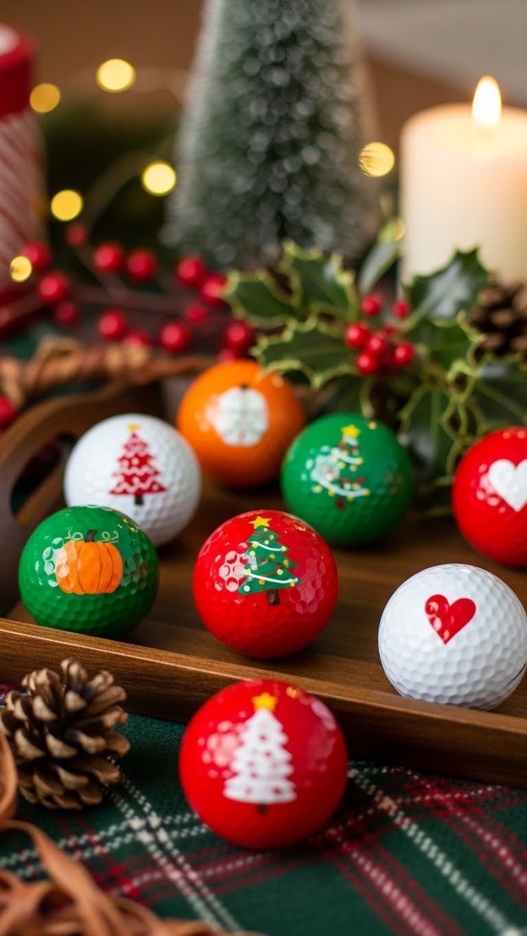 Collection Of Golf Balls Painted With Holiday Motifs Including Pumpkins, Christmas Trees And Hearts On Festive Plaid Blanket