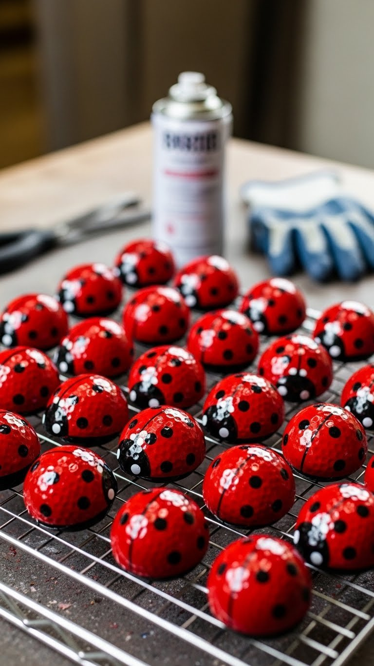 Collection Of Varnished Golf Ball Ladybugs Drying On Metal Rack With Craft Supplies In Background
