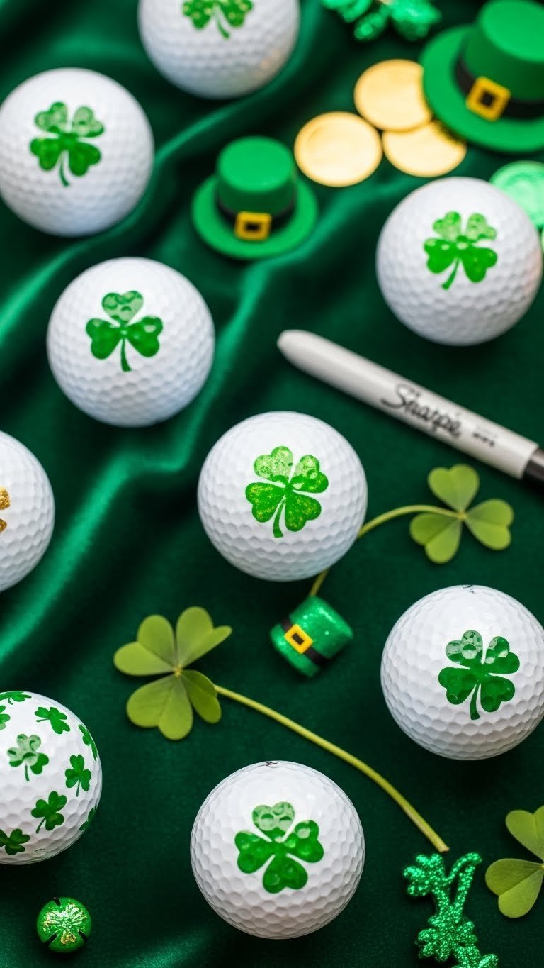 Collection Of White Golf Balls With Festive Green Four-Leaf Clover Designs And Gold Accents On Emerald Velvet Cloth For St. Patrick'S Day