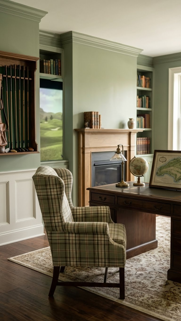 Colonial Revival Golf Simulator Featuring Wainscoting, A Dark Wood Desk, And A Historic Virtual Golf Course.