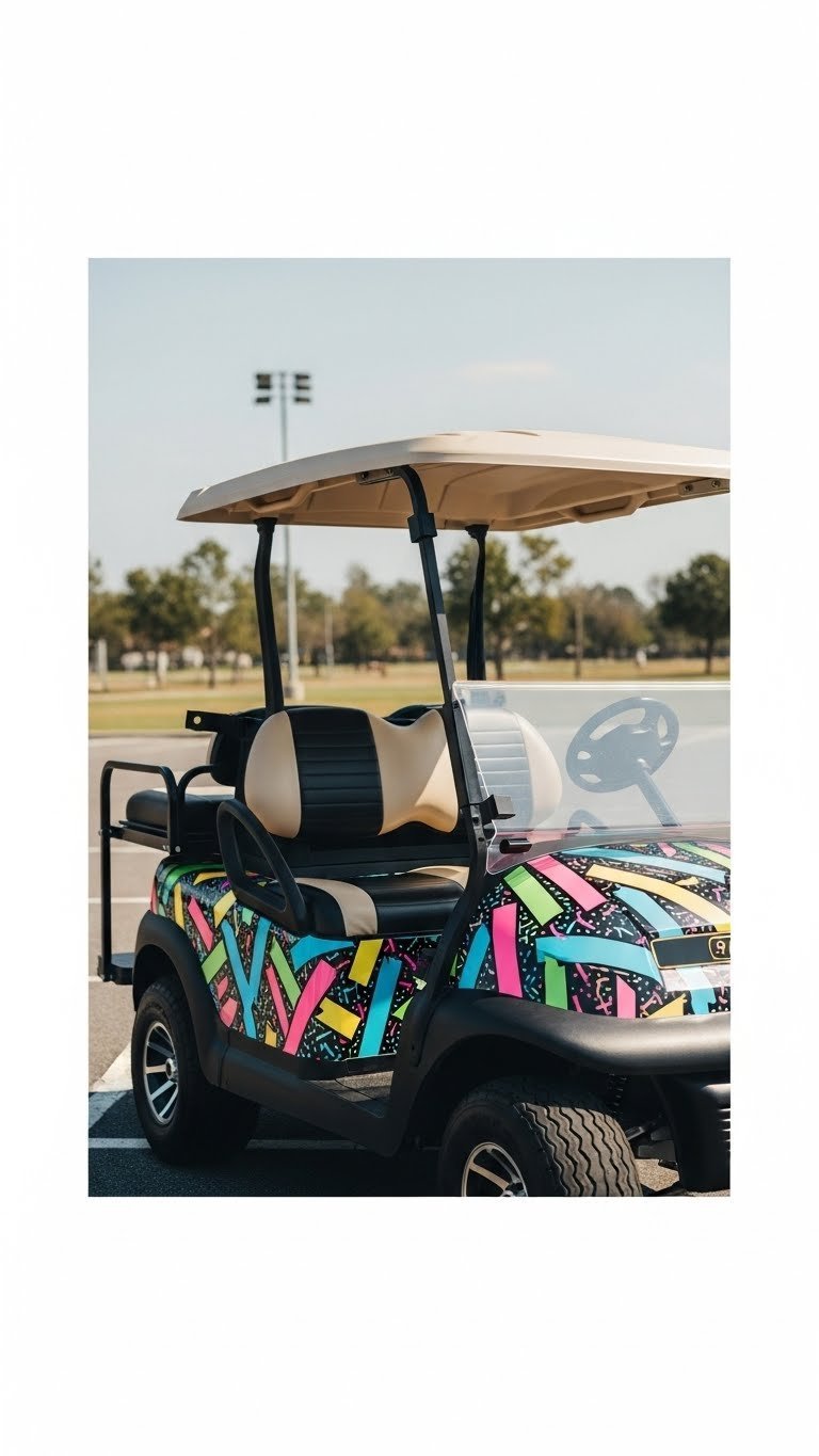 Colorful 80S Geometric Neon Golf Cart With Fluorescent Pink, Electric Blue, And Bright Yellow Patterns Against A Soft Outdoor Backdrop