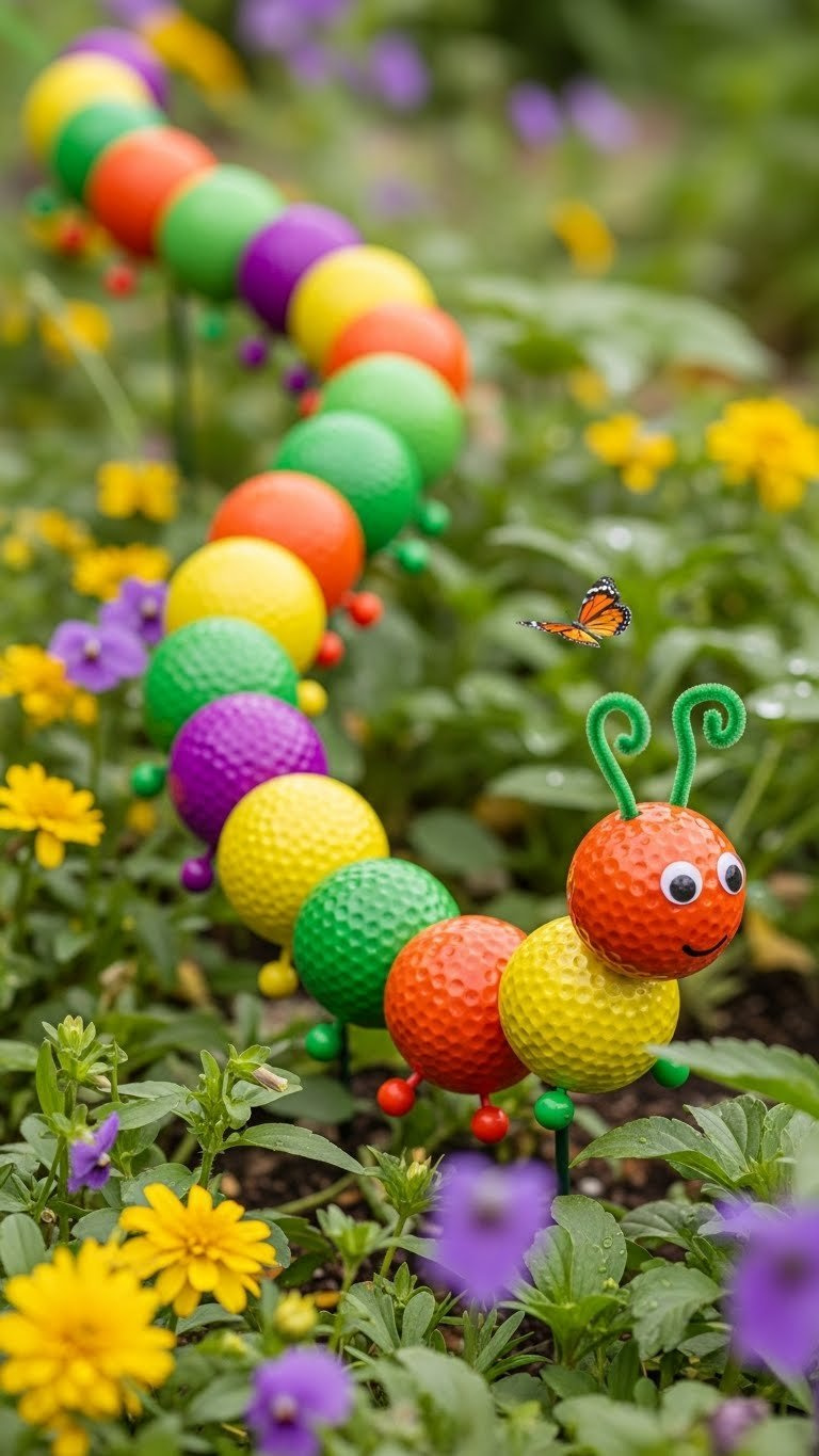 Colorful Golf Ball Caterpillar Sculpture Winding Through Garden Bed With Alternating Yellow, Green, And Orange Segments.