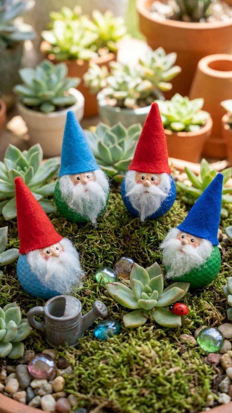 7 Easy Funny Golf Ball Crafts: Quirky Diy Projects Colorful Golf Ball Gnomes With Fuzzy Beards And Painted Hats In A Miniature Succulent Garden With Pebbles, Moss, And Tiny Terracotta Pots