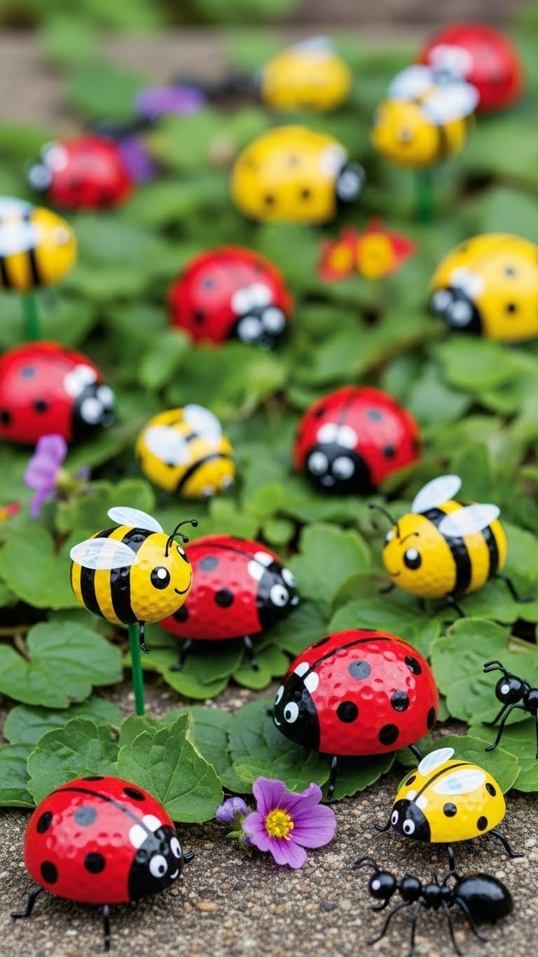 Colorful Golf Ball Ladybugs, Bees, And Ants Nestled Among Green Leaves And Flowers In Garden Setting