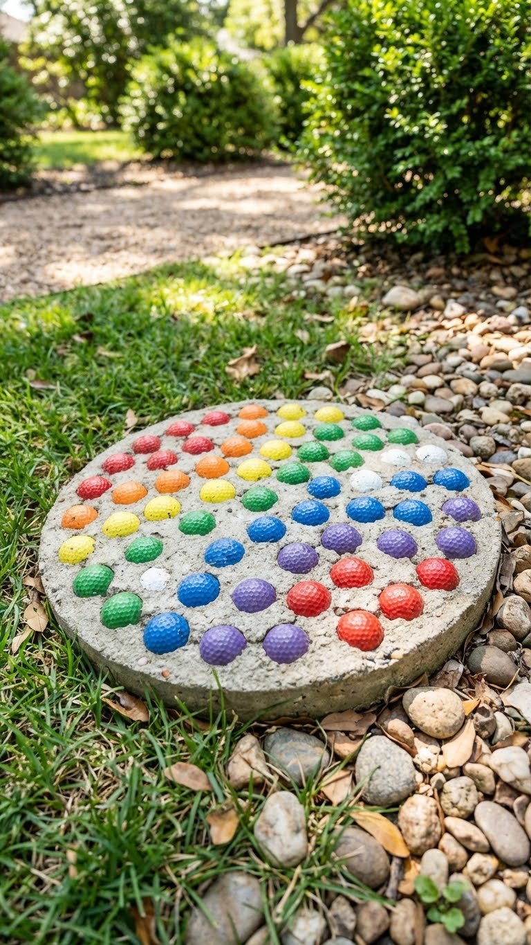 Colorful Golf Ball Stepping Stone With Rainbow-Hued Balls Embedded In A Concrete Paver On Green Grass.