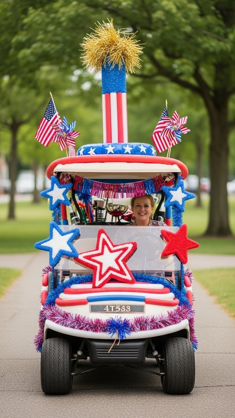 Colorful Golf Cart Decorated With Patriotic Pool Noodles Creating Stars And Stripes On Community Park Pathway